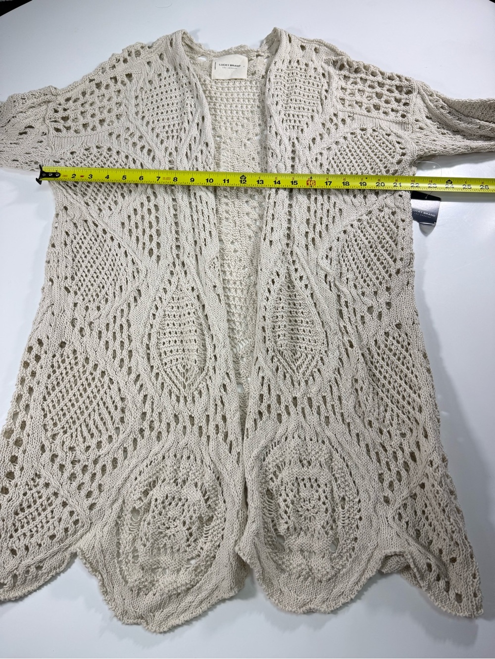 Lucky Brand 100% Cotton Openwork Crochet Knit Cardigan in Light Beige - Picture 4 of 11